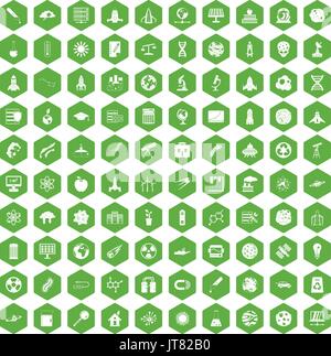 100 space icons hexagon green Stock Vector