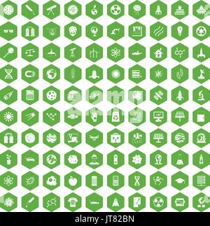100 space technology icons hexagon green Stock Vector