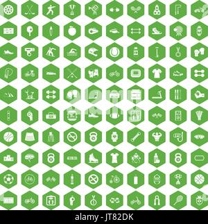 100 sport icons hexagon green Stock Vector