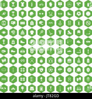 100 sport accessories icons hexagon green Stock Vector