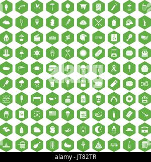 100 street food icons hexagon green Stock Vector