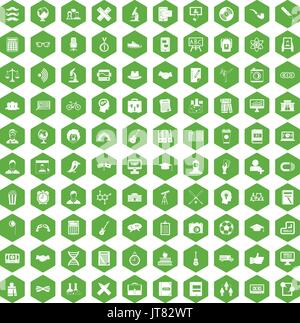 100 student icons hexagon green Stock Vector