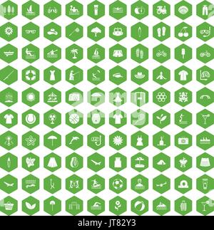 100 summer icons hexagon green Stock Vector