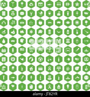 100 summer holidays icons hexagon green Stock Vector