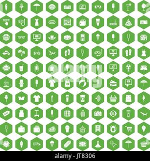 100 summer shopping icons hexagon green Stock Vector