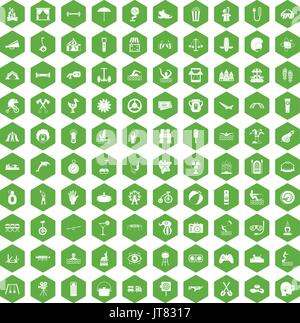 100 summer vacation icons hexagon green Stock Vector