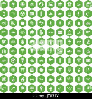 100 sun icons hexagon green Stock Vector