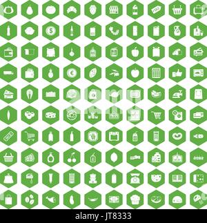 100 supermarket icons hexagon green Stock Vector