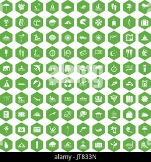 100 surfing icons hexagon green Stock Vector