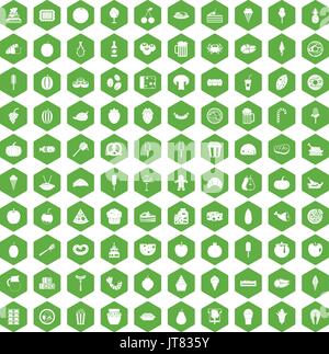 100 tasty food icons hexagon green Stock Vector