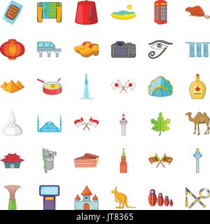 Landmark icons set, cartoon style Stock Vector