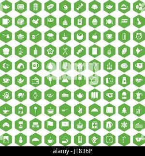 100 tea cup icons hexagon green Stock Vector
