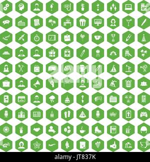 100 team building icons hexagon green Stock Vector