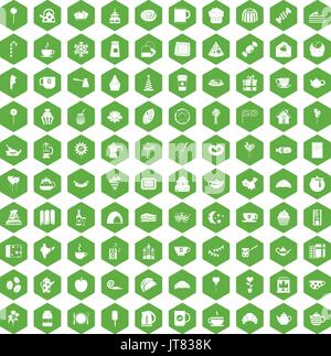 100 tea party icons hexagon green Stock Vector