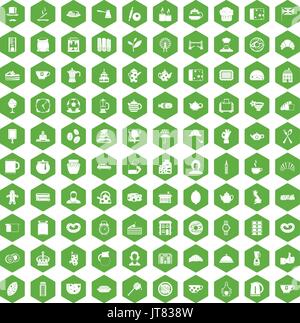 100 tea time food icons hexagon green Stock Vector