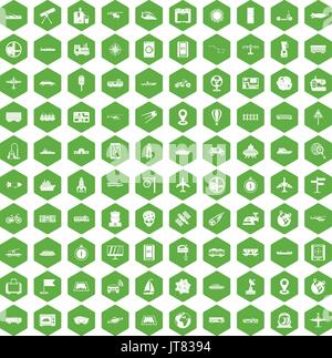 100 technology icons hexagon green Stock Vector