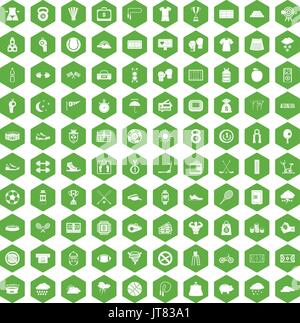 100 tennis icons hexagon green Stock Vector