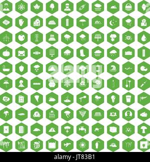 100 thunderstorm icons hexagon green Stock Vector
