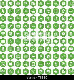 100 time icons hexagon green Stock Vector