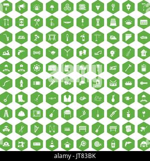 100 tools icons hexagon green Stock Vector