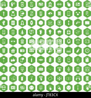 100 touch screen icons hexagon green Stock Vector