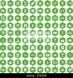 100 tourism icons hexagon green Stock Vector