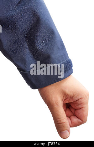 man's hand in waterproof clothes - coat with raindrops. isolated cutout on white background Stock Photo