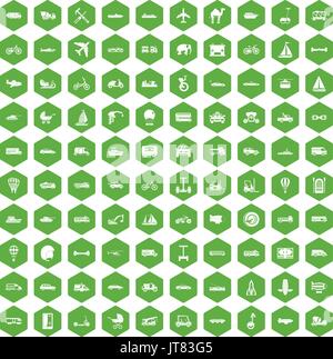 100 transport icons hexagon green Stock Vector