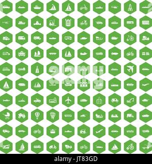 100 transportation icons hexagon green Stock Vector