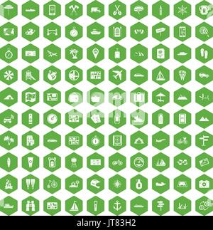 100 travel icons hexagon green Stock Vector