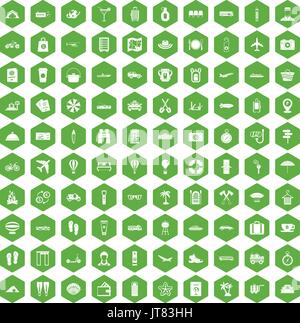 100 travel time icons hexagon green Stock Vector