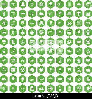 100 tree icons hexagon green Stock Vector