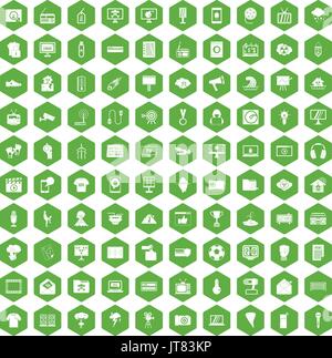 100 TV icons hexagon green Stock Vector