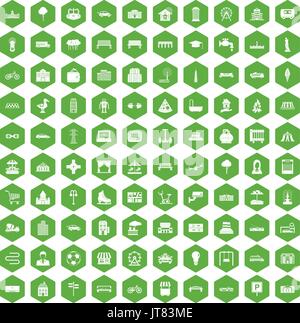 100 urban icons hexagon green Stock Vector