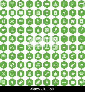 100 USA icons hexagon green Stock Vector