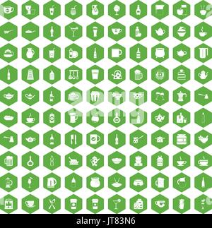 100 utensil icons hexagon green Stock Vector