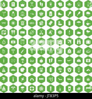 100 vacation icons hexagon green Stock Vector