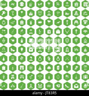 100 valentine day icons hexagon green Stock Vector