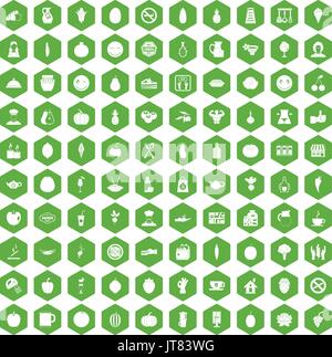 100 vegetarian cafe icons hexagon green Stock Vector
