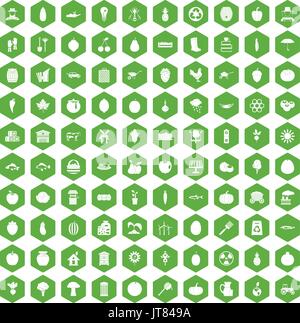 100 vitamins icons hexagon green Stock Vector