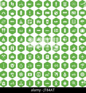 100 voyage icons hexagon green Stock Vector