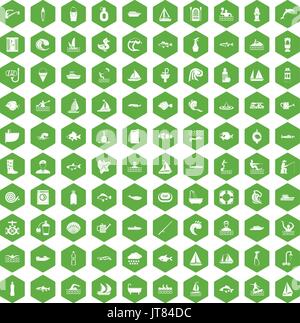 100 water icons hexagon green Stock Vector