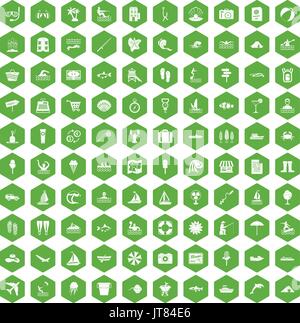 100 water recreation icons hexagon green Stock Vector