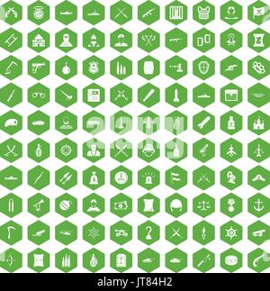 100 weapons icons hexagon green Stock Vector