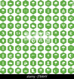 100 weather icons hexagon green Stock Vector