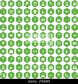 100 wedding icons hexagon green Stock Vector