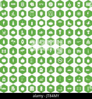 100 wellness icons hexagon green Stock Vector
