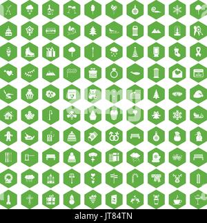 100 winter holidays icons hexagon green Stock Vector