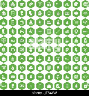 100 winter shopping icons hexagon green Stock Vector