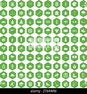 100 winter sport icons hexagon green Stock Vector